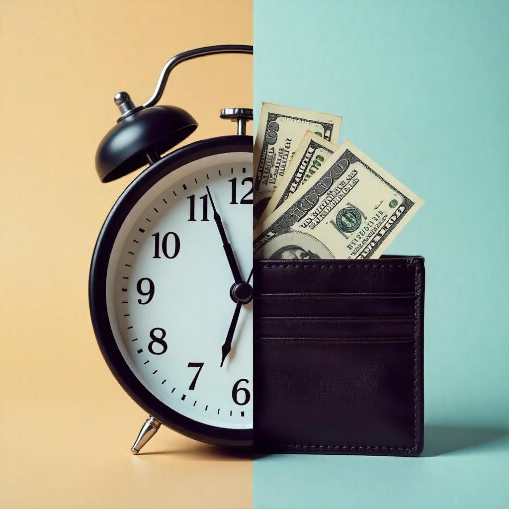 A clock beside a wallet